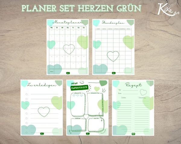 Planer Set Valentinstag Herzen grün, KiKo Art