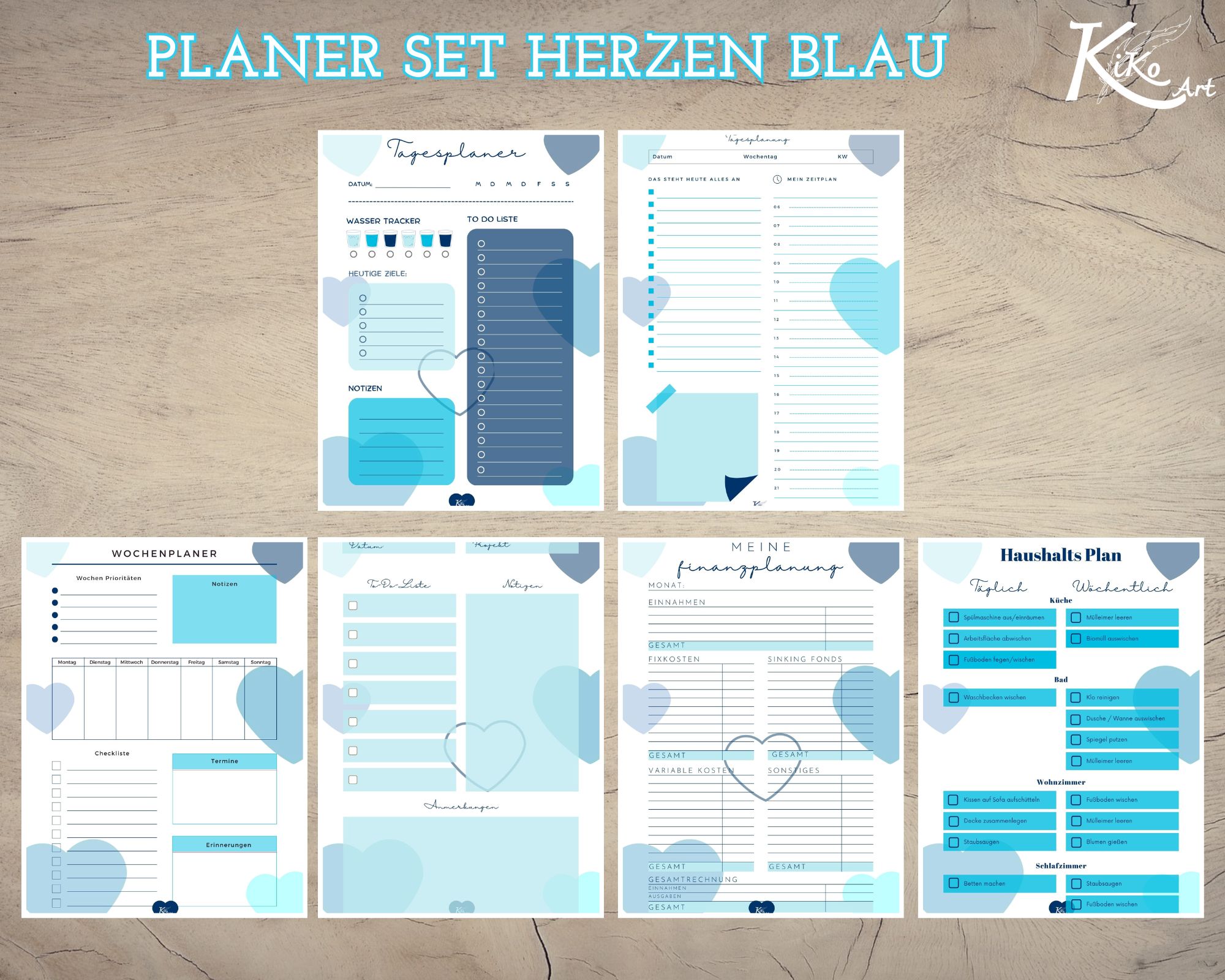 Planer Set Valentinstag Herzen blau, KiKo Art