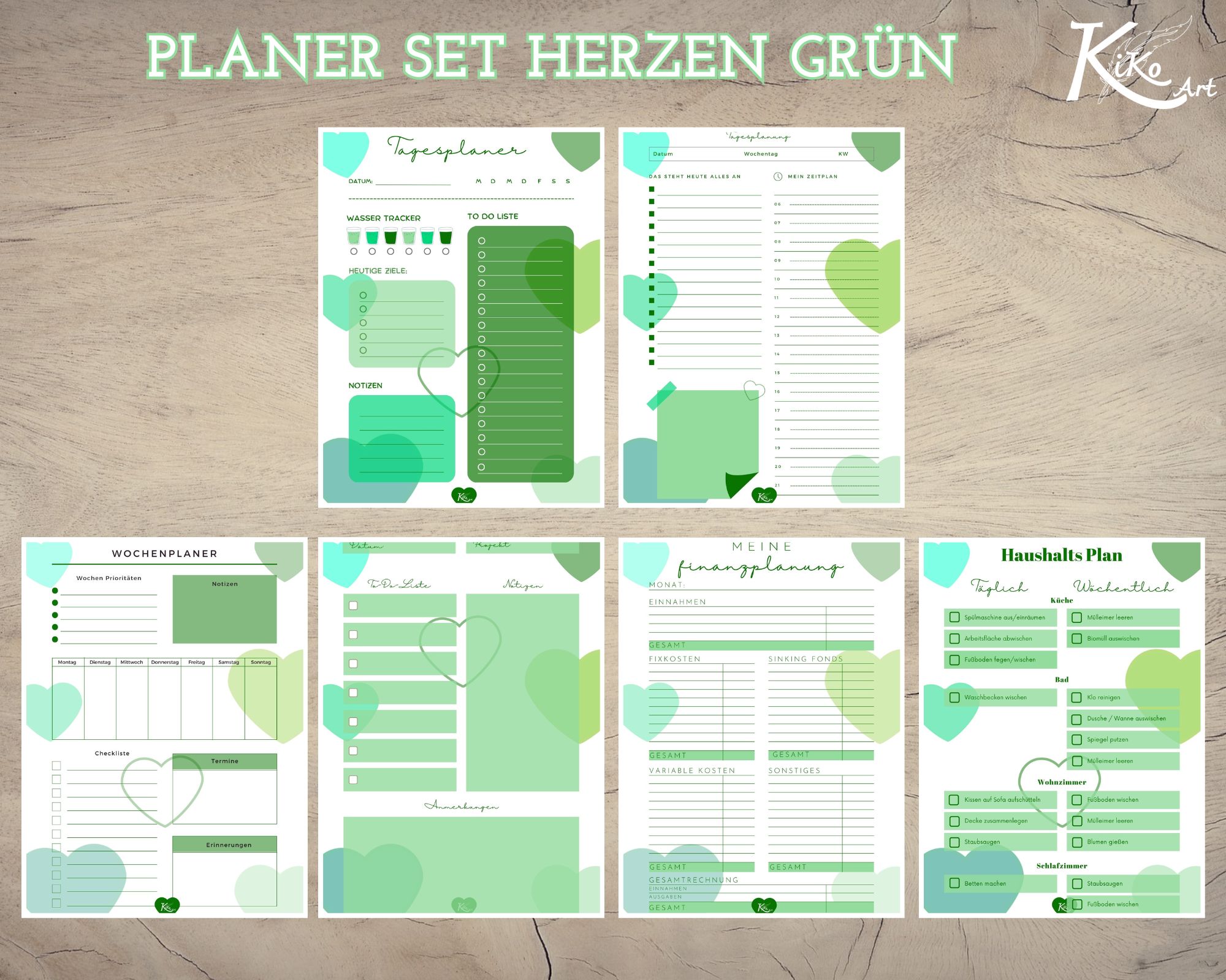 Planer Set Valentinstag Herzen grün, KiKo Art